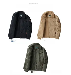 Three men's fleece-lined work jackets in sapphire blue, khaki and green shown in flat lay