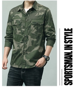 Détail d'une chemise camouflage homme avec poches de poitrine doubles et col à revers