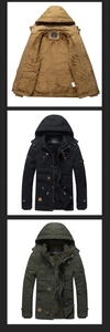 Detail view of men's winter cotton parka showing fleece lining and hooded jacket exterior