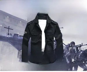 Detail of military style black cotton shirt showing pleated chest pockets and epaulettes