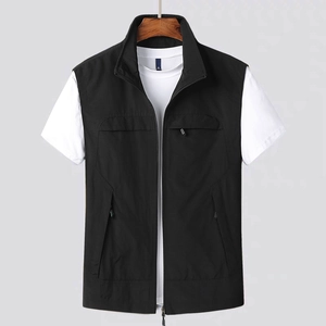 Men's casual black utility vest with multi-pockets and stand collar for outdoor wear