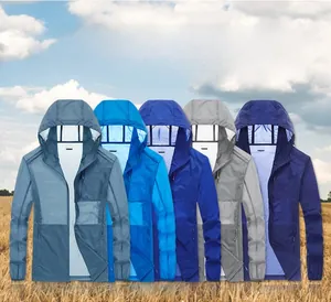 Close-up of lightweight breathable UV protection jackets in five various colors