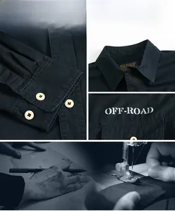 Detailed view of navy cotton shirt featuring embroidered logo and buttoned cuffs design