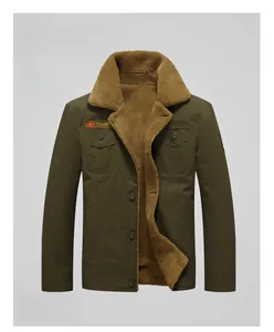 Detail of the warm fleece lining and sturdy metal buttons on the military green jacket