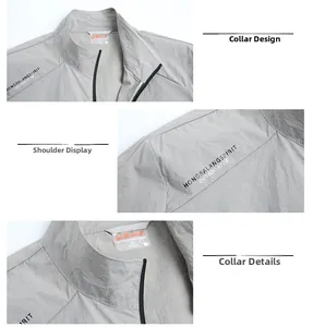 Détail de la veste de protection solaire gris clair avec col montant et fermeture éclair
