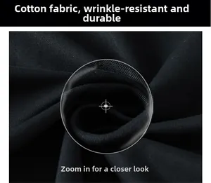 Close-up of black wrinkle-resistant cotton fabric texture with a magnifying glass detail