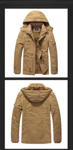 Men's khaki parka coat with thick fleece lining and multi-pocket military design