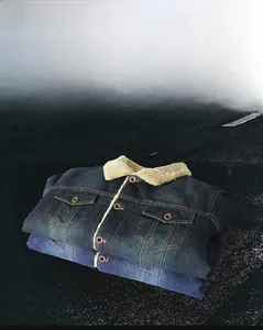Detail view of denim jackets with sherpa fleece collar and vintage button pockets