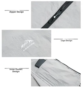 Détails de la veste outdoor avec fermeture éclair, logo et poche intérieure pour téléphone