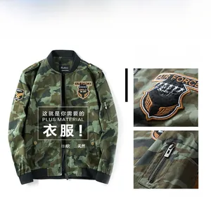 Detail view of military bomber jacket with camouflage pattern and embroidered patches