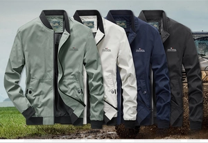 Detail of multi-color casual pilot jackets with ribbed cuffs and stand collar