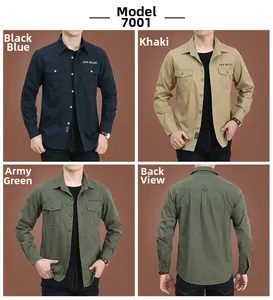 Detail of men's cotton work shirt with double chest pockets and OFF-ROAD printing