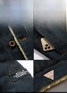 Detailed views of denim jacket showing warm fleece lining and metallic button hardware