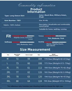 Detailed size chart for men's cotton long sleeve shirt with measurements from M to 4XL