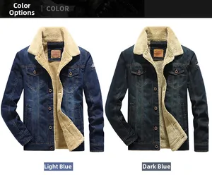 Detail view of denim jackets with warm beige faux shearling lining in light and dark blue