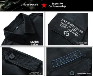 Detail view of black cargo shirt featuring tactical epaulets and custom embroidery patches