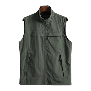 Men's outdoor utility vest in dark army green with multi-pocket and stand collar design