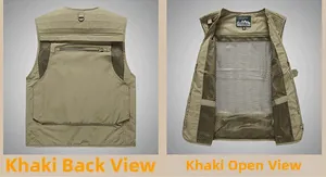 Detail view showing khaki tactical vest back pocket and breathable mesh lining structure