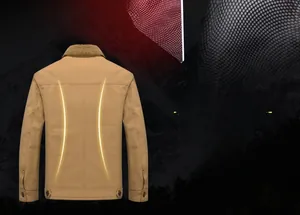Detail view of khaki thermal cargo jacket for men featuring warm fleece collar and thick lining