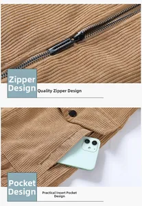 Détail d'une veste en velours côtelé marron montrant le zip en métal et la poche latérale