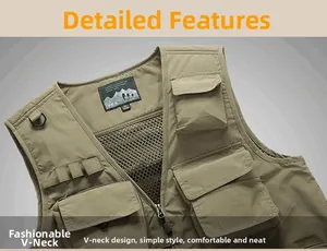 Detail view of khaki V-neck outdoor fishing vest with multi-pockets and breathable mesh back