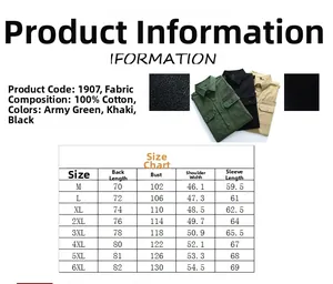 Detailed size chart for men's 100% cotton casual long sleeve shirt with pocket