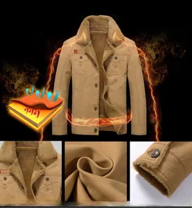 Detail view of khaki thermal cargo jacket with thick fleece collar and durable fabric