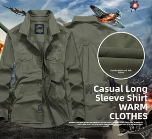 Detail of army green military cotton shirt featuring chest pockets and off-road embroidery