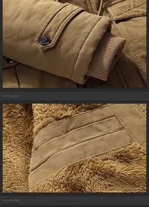 Detail of ribbed cuffs with button straps and warm faux fleece lining with inner pocket