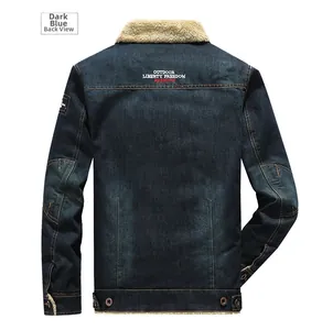 Rear view of dark blue denim jacket featuring khaki fleece collar and outdoor back print