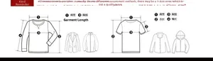 Size chart showing measurement guide for chest, shoulder, body length and sleeves