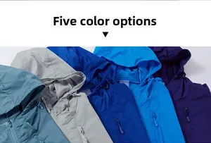 Detail of five outdoor sun protection jackets featuring drawstring hoods and zipped pockets