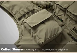 Close-up of olive green fishing vest with durable mesh lining and large cargo pockets