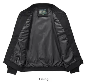 Detail of black bomber jacket showing smooth lining, inner pocket and collar label
