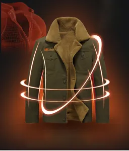 Detail of army green winter jacket featuring thick sherpa fleece lining and outdoor embroidery
