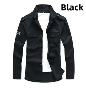Detail of black long-sleeve cargo shirt showing FASHION patch and epaulettes