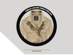 Detail of khaki cotton shirt featuring double flap pockets and OFF-ROAD print design