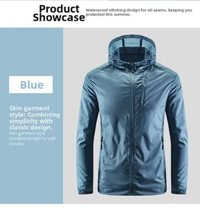 Detail view of the breathable blue-grey sun protection jacket with hood and zipper pockets