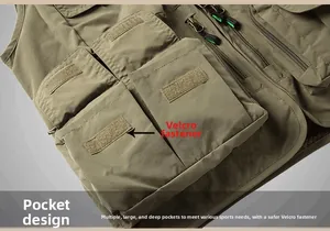 Detail of multi-pocket outdoor vest featuring Velcro closures and durable zippers