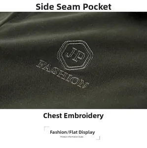Détail de la broderie précise sur la poitrine et texture de cette veste d'hiver verte