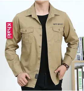 Detailed view of khaki cotton work shirt featuring dual chest pockets and OFF-ROAD print
