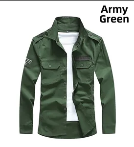 Detail of army green military shirt featuring chest pockets and fashion embroidery