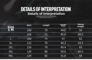 Detailed size chart for men's cotton work shirt showing measurements from S to 4XL