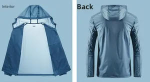 Detailed view showing the inner lining and back of a breathable blue sun protection jacket