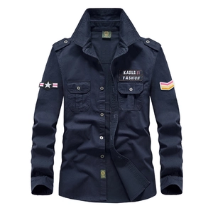 Chemise de travail militaire bleu marine pour hommes avec broderies et manches longues