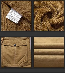 Detailed close-up of khaki cotton jacket with detachable hood and fleece lining