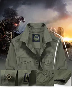 Detail of army green cotton cargo shirt with dual flap pockets and off-road embroidery