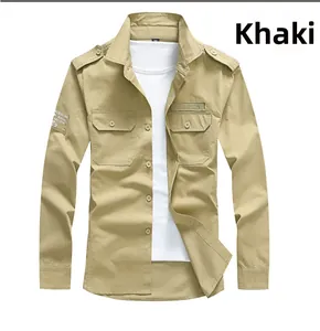 Detail of khaki cargo shirt featuring dual chest pockets, epaulets, and fashion embroidery