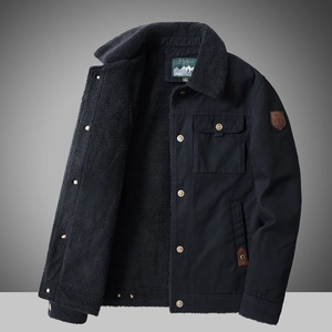 Winter men's navy blue fleece-lined deck jacket with warm faux fur collar and chest pocket