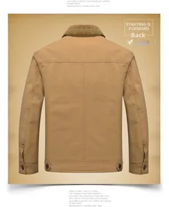 Rear view of khaki fleece-lined jacket featuring metal waist adjusters and warm collar